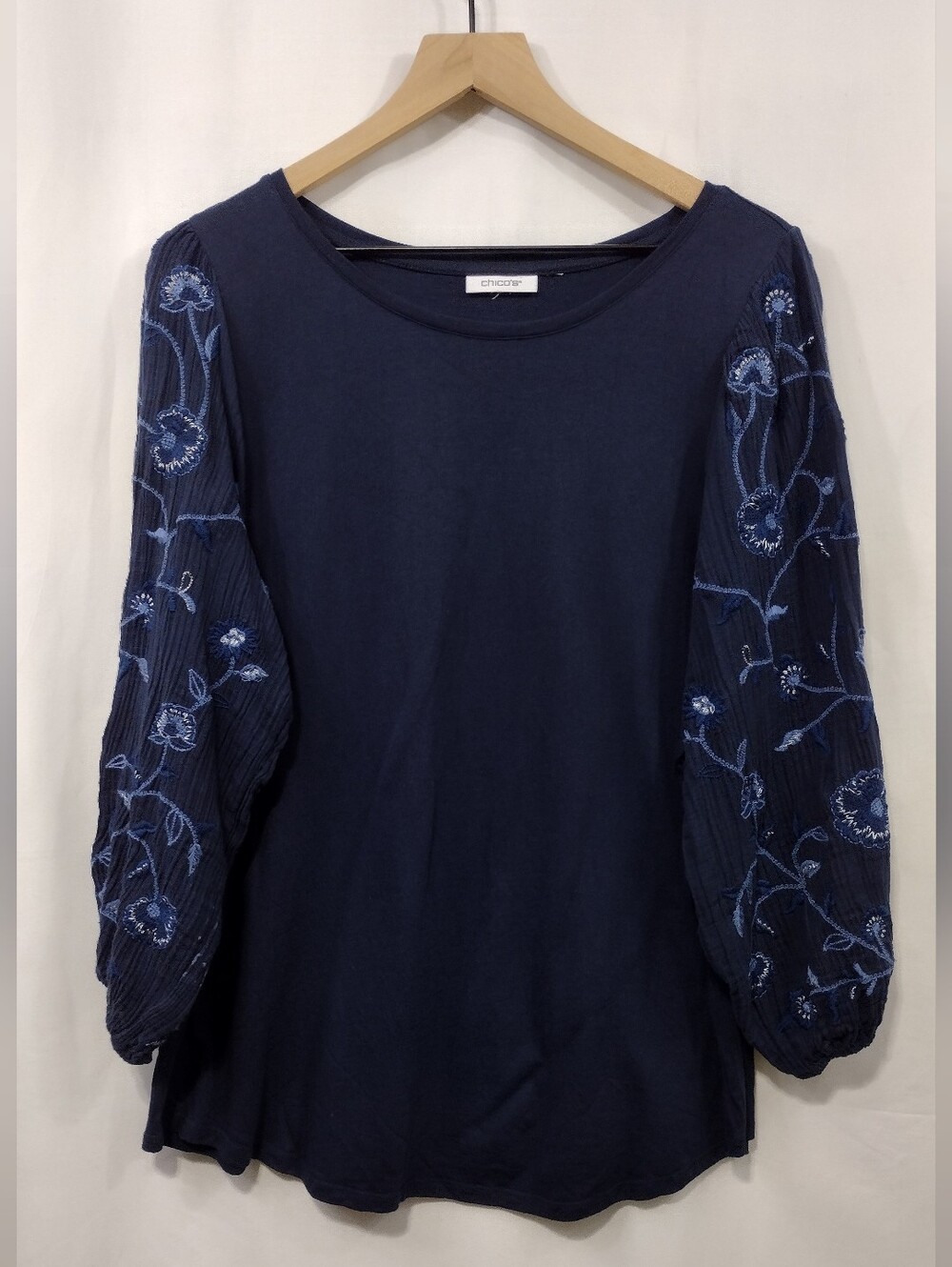 Chico's Embroidered Floral Balloon Sleeve Top Womens XL Blue Boho Cottagecore